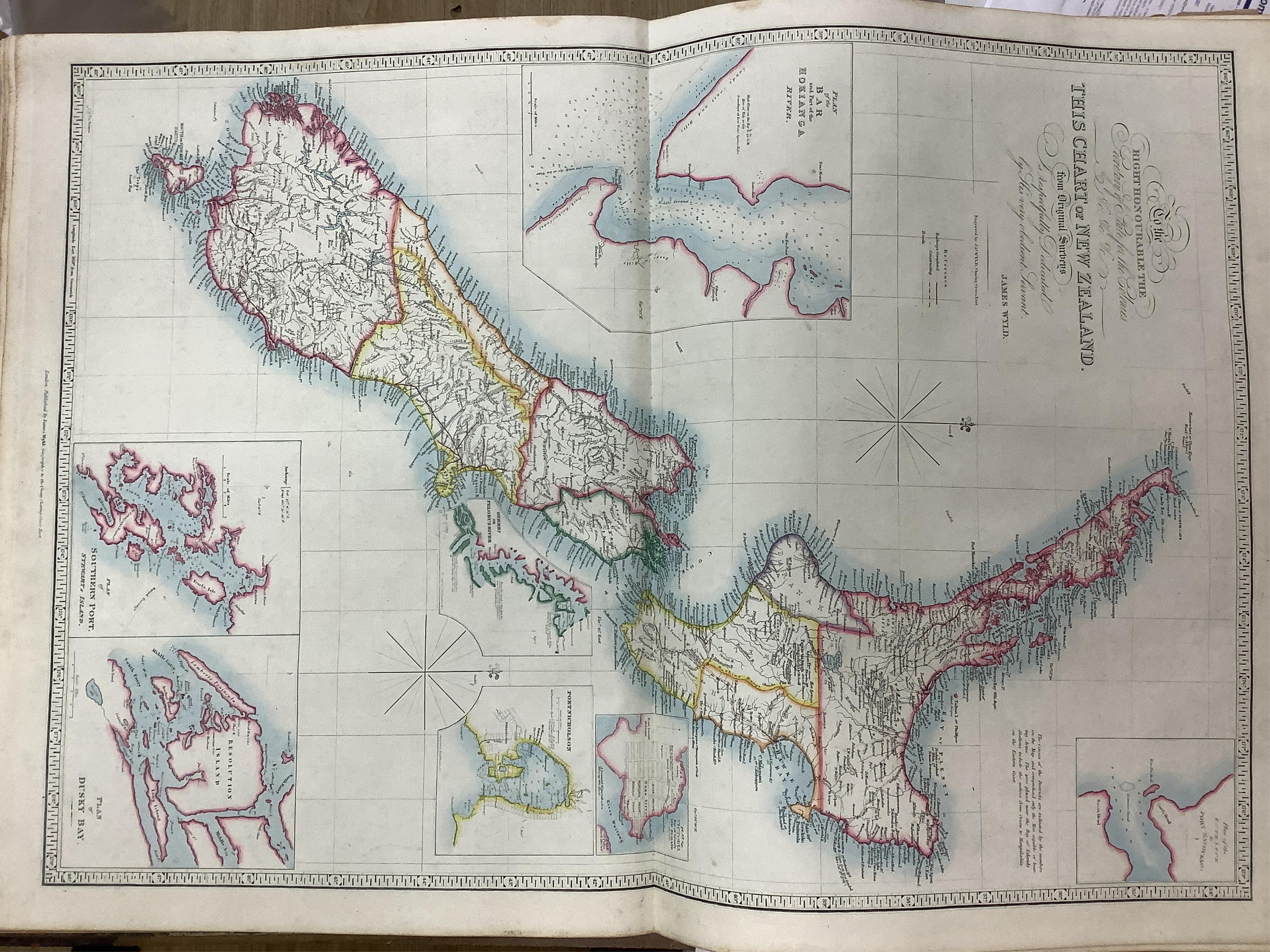 Wyld, James - A New General Atlas of Modern Geography ... including the latest geographical and nautical discoveries. 44 maps with generous outline hand colouring, within calibrated borders and with engraved titles (some